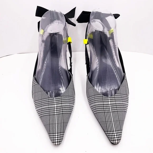 {Zara} Gray Plaid Slingback Bow Kitten Heels - Picture 8 of 16